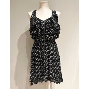 Material Girl Zip Front Ruffled Dress Womens Size S Black Geometric Pattern
